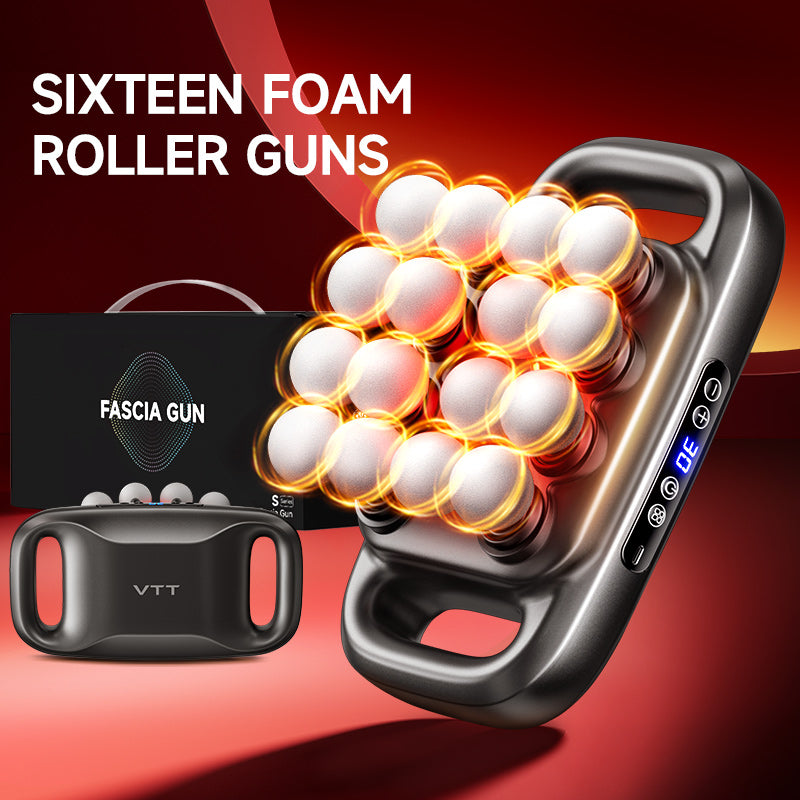 Kuvassa fascia gun ja sen 16 hierontapäätä esiteltynä