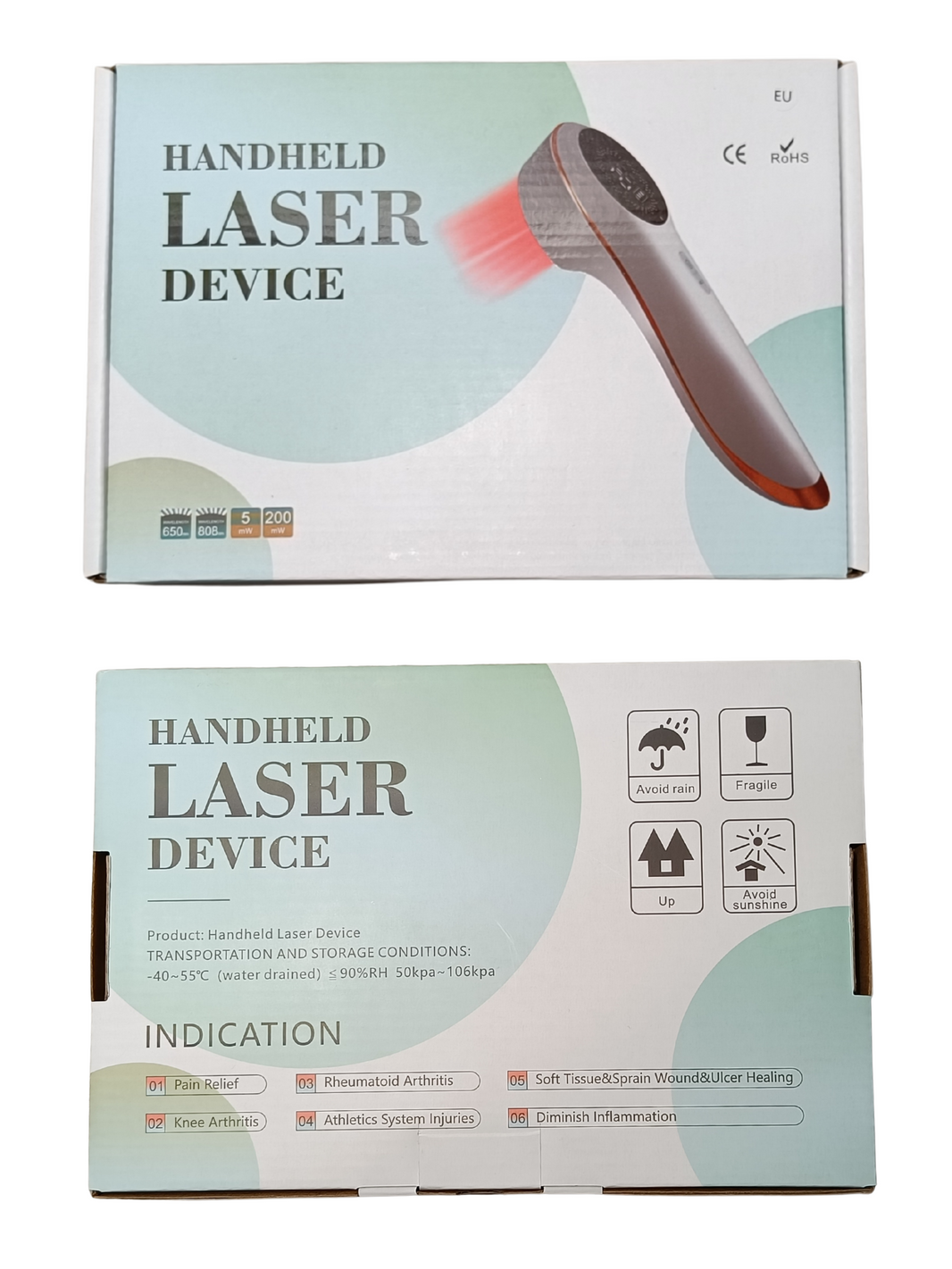 Kuva JTN hoitolaserin pakkauksesta edestä ja takaa