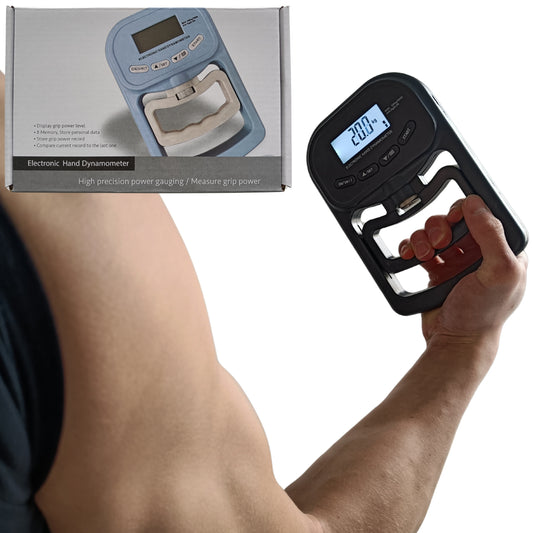 puristusvoimamittari käytössä ja pakkauksen kuva