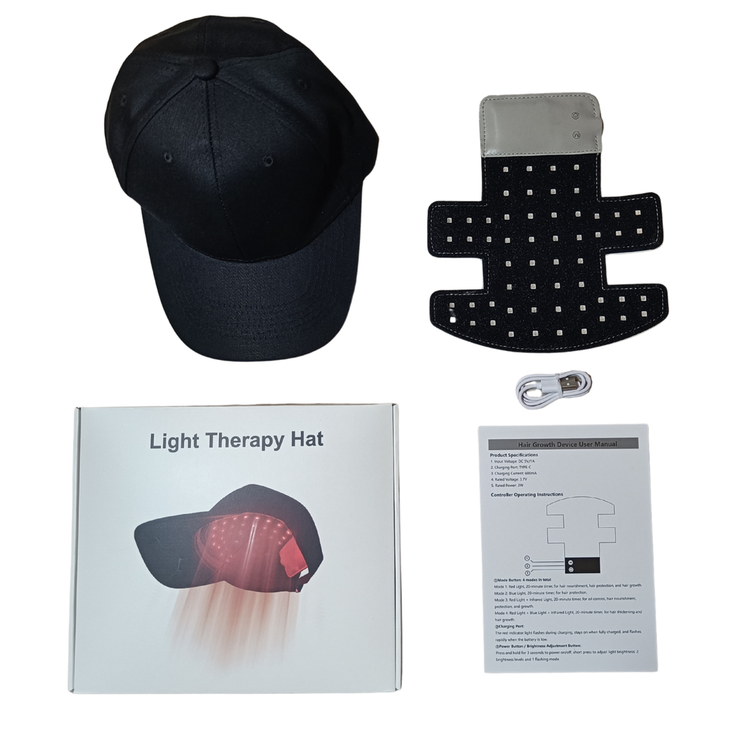 Tässä kuvassa esittelyssä punavaloterapiahatun paketin sisältö