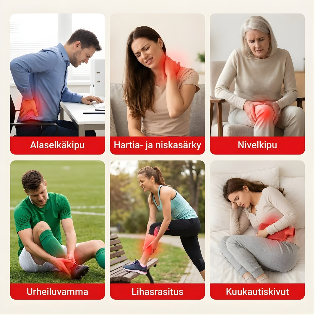 Punavaloterapian käyttökohteita. Kuvassa alaselkäkipu, hartiasäryt, nivelkivut, urheiluvammat ja lihasrasitukset.