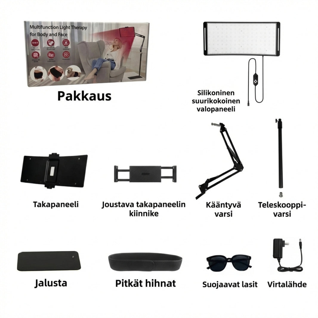 Punavalolampun tuotesisältö. Kaikki mitä löytyy pakkauksesta.