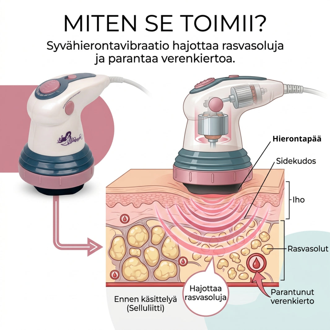 Infograafi selluliitin hierontalaitteen käytöstä, miten se toimii ja mihin se vaikuttaa.