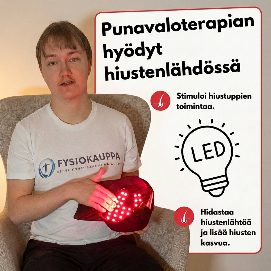 Esittelykuva punavaloterapian hyödyistä hiusten lähdössä punavaloterapiahatun avulla.