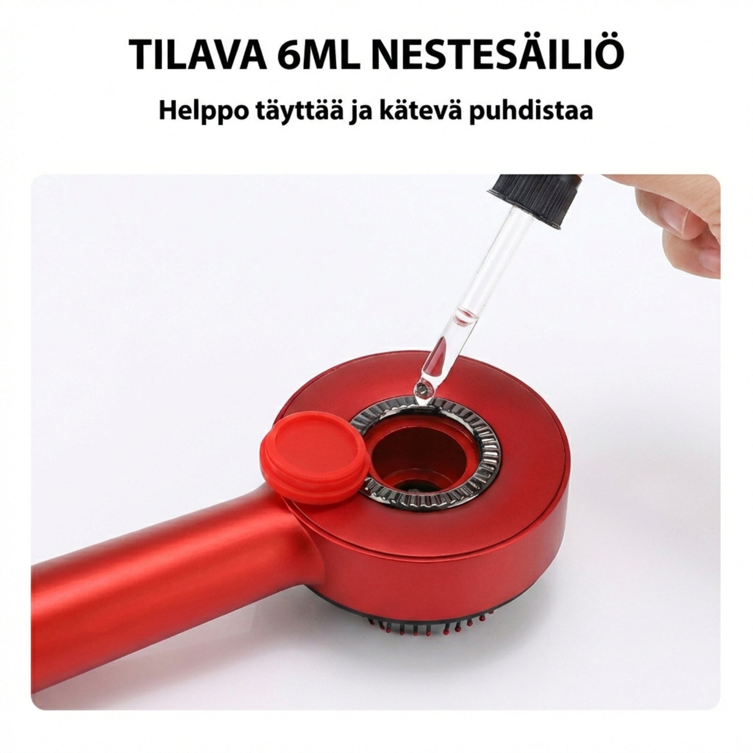 Punavalo/hierontaharjan 6 millilitran nestesäiliö kuvattuna.