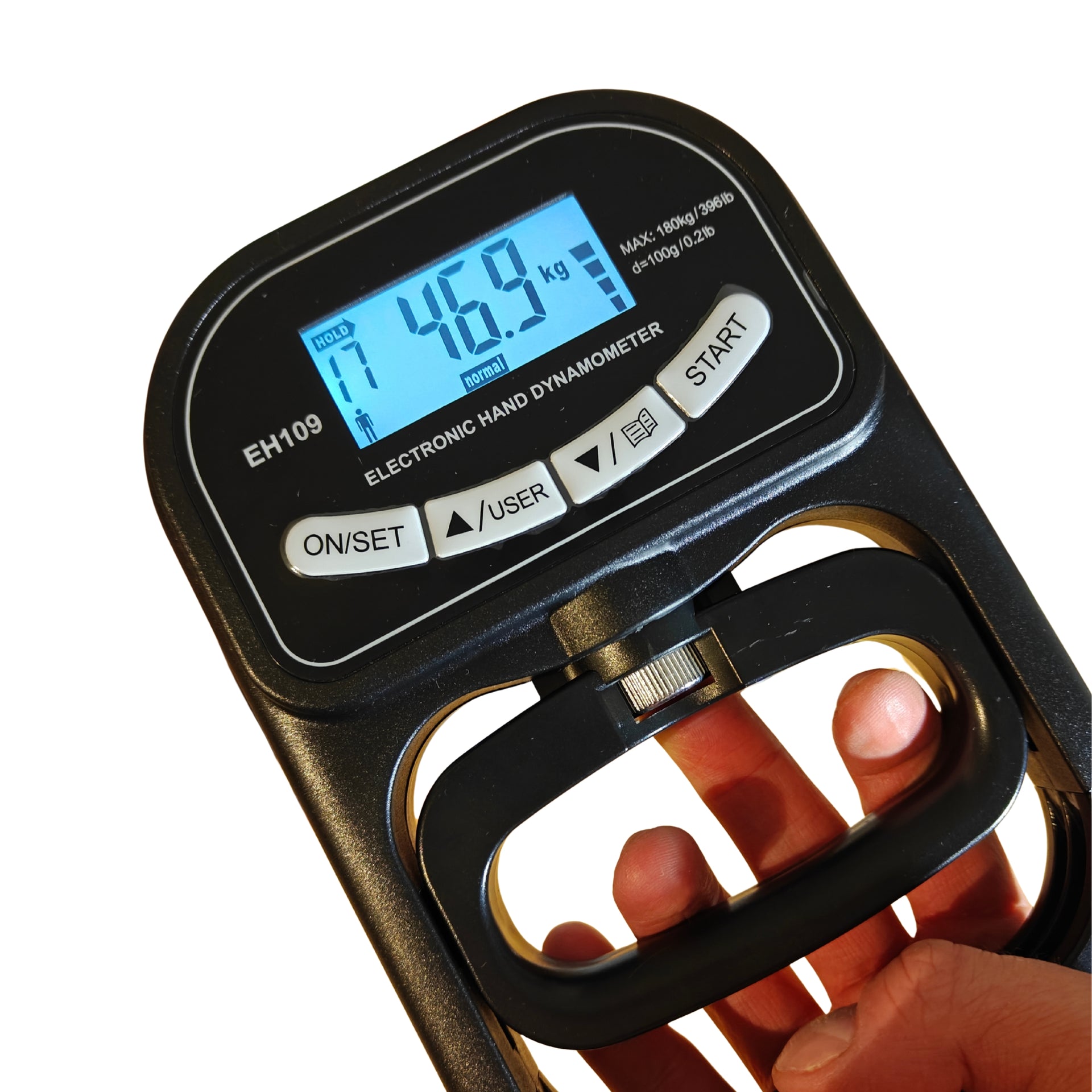 puristusvoimamittari kädessä