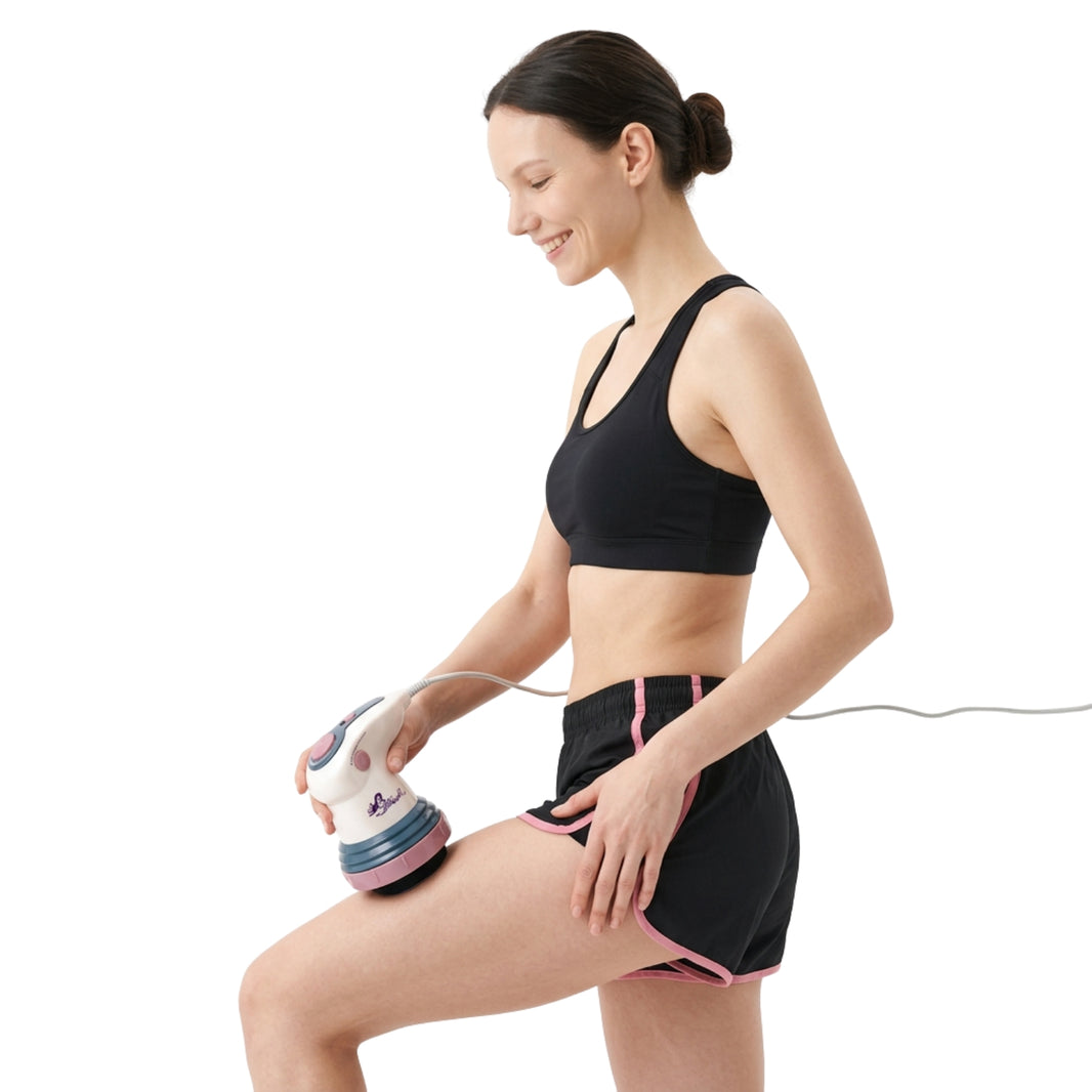 Selluliitin hierontalaite mallin käytössä, jossa hän hieroo sillä reisiään.