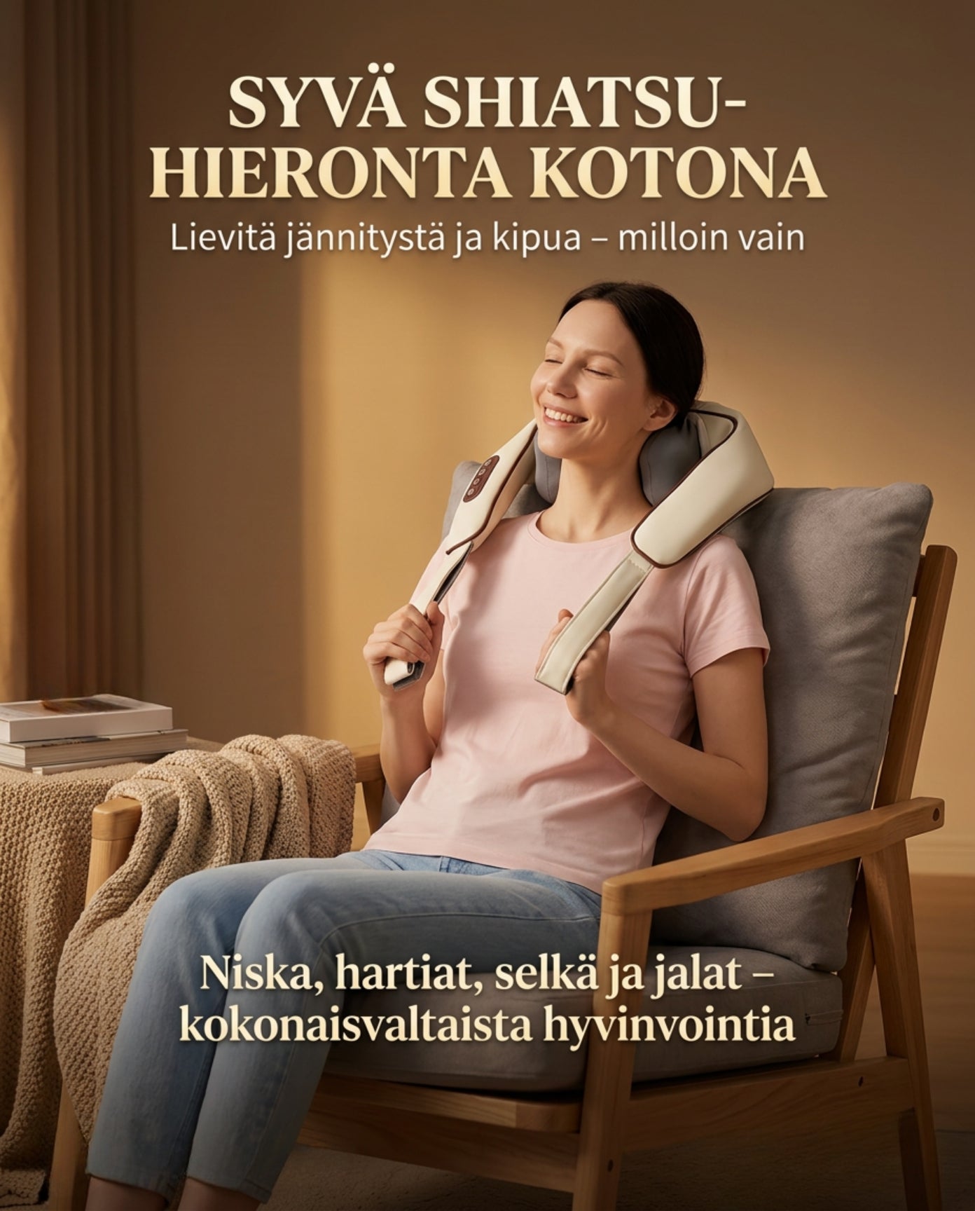 Syvä shiatsuhieronta hierontalaitteella, mallin käytössä tuolilla.