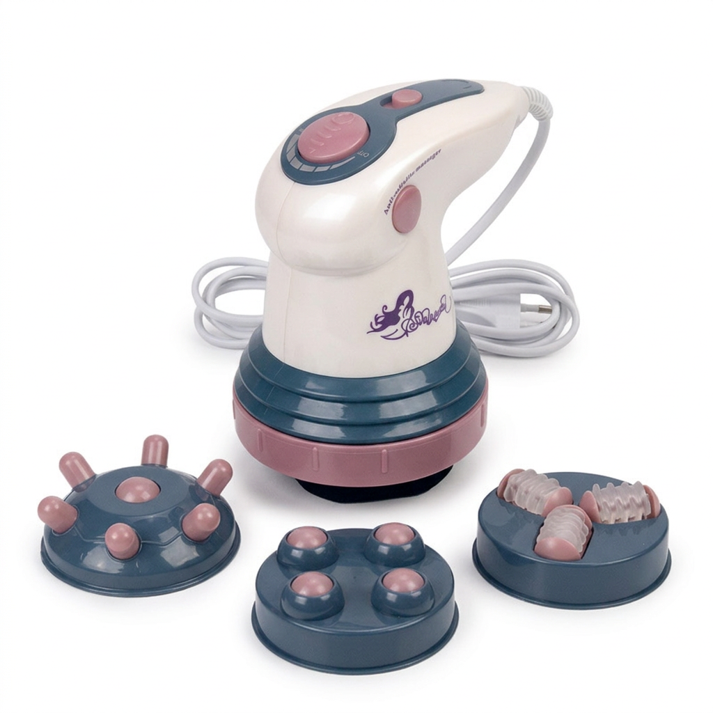 Selluliitinhierontalaite ja kaikki sen hierontapäät kuvattuna